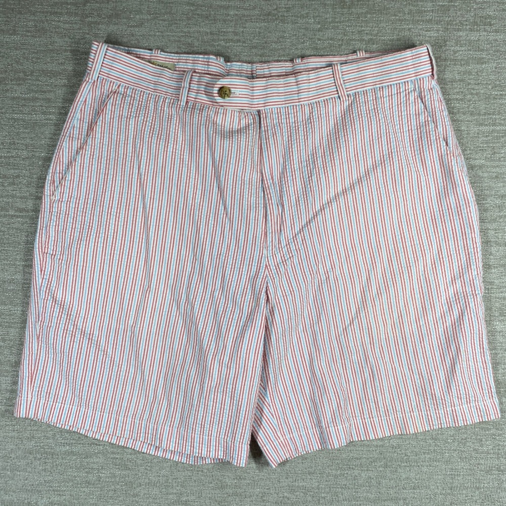 Peter Millar Seersucker Striped Short Men 36 Red Flat Front Chino Cotton Preppy